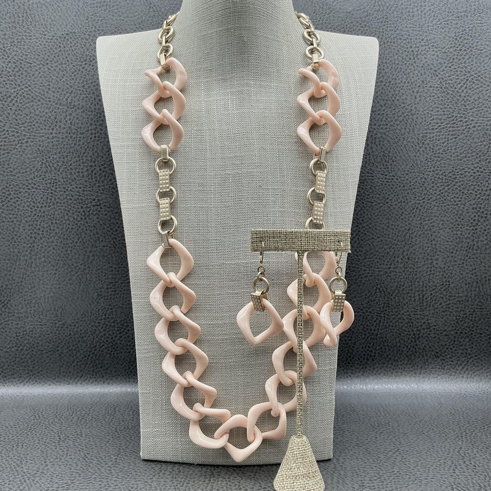 Coldwater Creek Necklace Earring Set Gold Tone Chain‎ Pink Geometric Links 24"